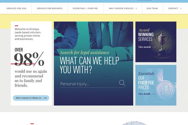 Close-up of a website homepage for a legal firm, featuring a search bar, service highlights, and a header with navigation options.