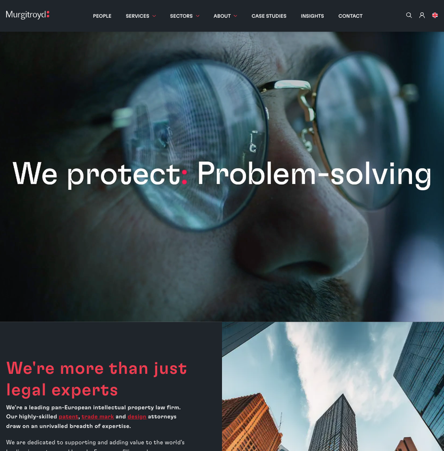 Close-up of a person's face wearing glasses, reflecting a cityscape with tall buildings, with overlay text saying "We protect: Problem-solving".