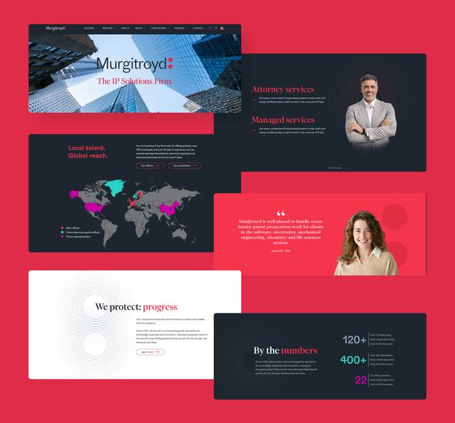 Murgitroyd IP Solutions website design mockup displaying branding, services, global office locations, testimonial, and company statistics on a red and dark background.