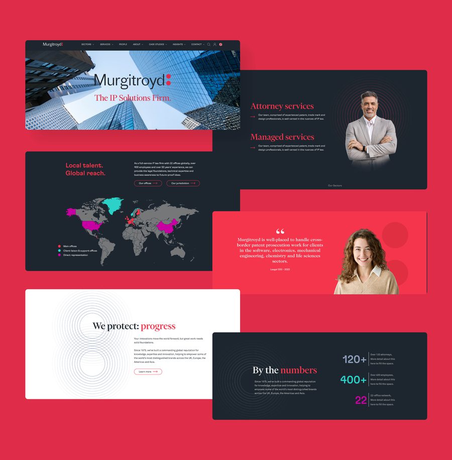 Murgitroyd IP Solutions website design mockup displaying branding, services, global office locations, testimonial, and company statistics on a red and dark background.