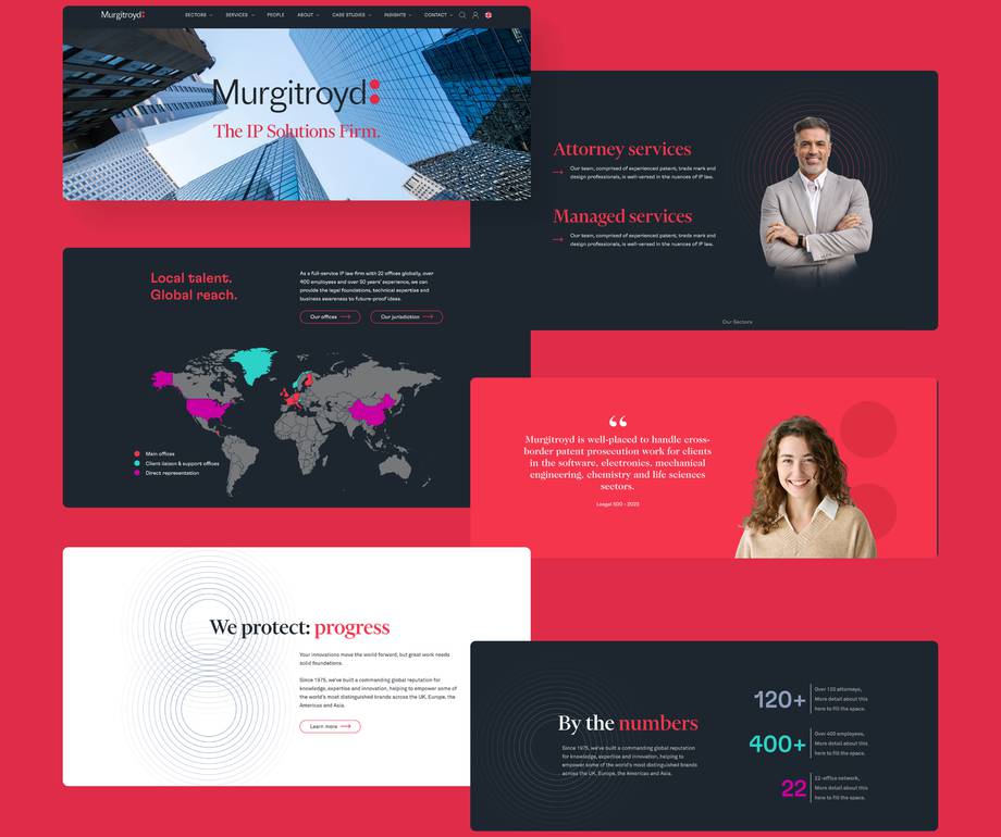Murgitroyd IP Solutions website design mockup displaying branding, services, global office locations, testimonial, and company statistics on a red and dark background.