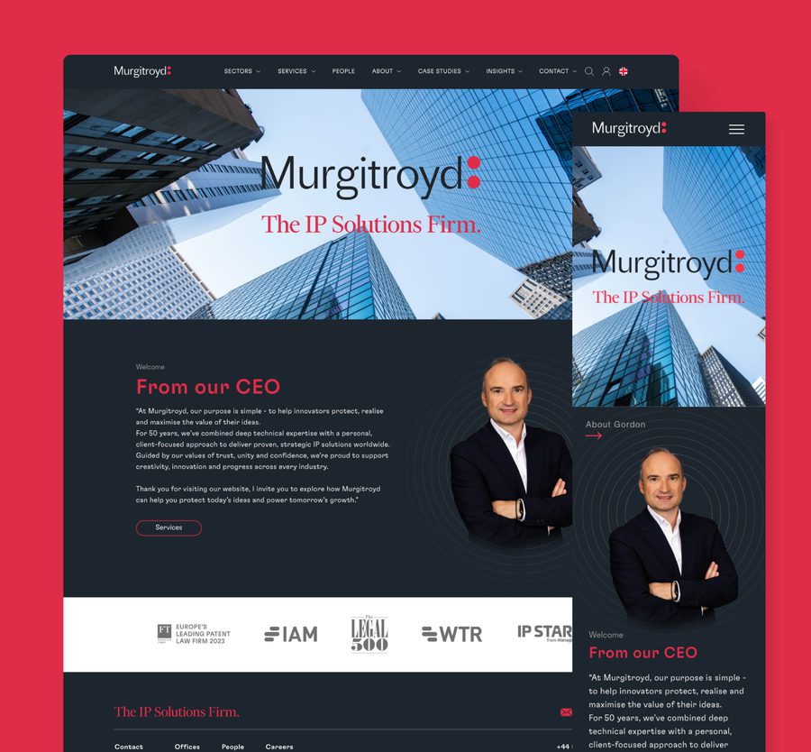 Murgitroyd website displayed on desktop and mobile devices showing the IP Solutions Firm branding, CEO message, and professional team photos against a modern architectural background.
