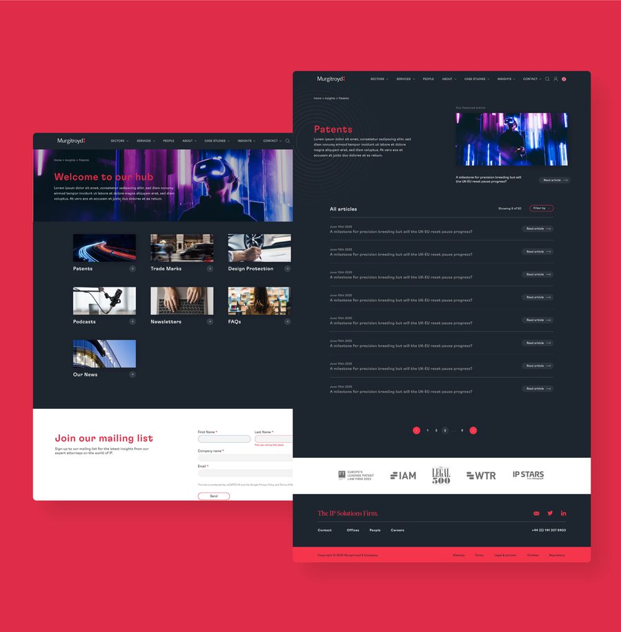 Two overlapping website mockups displayed against a bright pink background, showcasing a dark-themed hub interface with navigation menus, content sections for patents and articles, and a mailing list signup form.