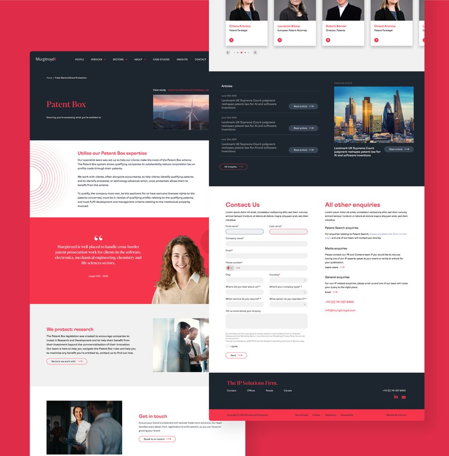 Murgatroyd patent law firm website layout showing team members, Patent Box case study, contact form, and company information with pink and dark backgrounds