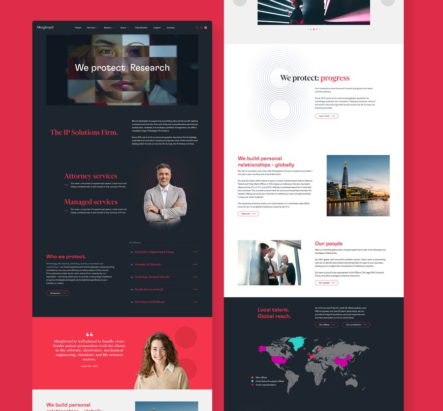 Two side-by-side website pages for an IP solutions firm featuring dark and light sections with red accents, imagery, and service descriptions.