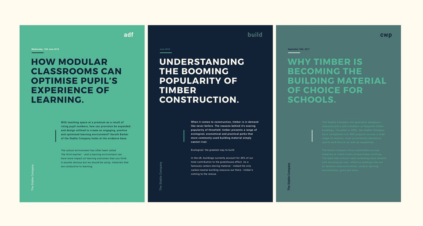 Three infographic panels with titles and text discussing timber construction, environmental benefits, and educational applications, in shades of green and blue.