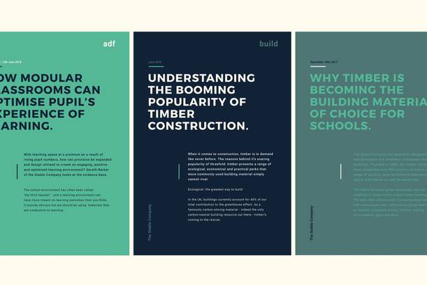 Three infographic panels with titles and text discussing timber construction, environmental benefits, and educational applications, in shades of green and blue.