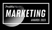 A promotional logo for the Prolific North Marketing Awards 2023 featuring bold text in a rectangular frame.