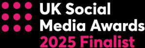 A logo for the UK Social Media Awards 2025 Finalist, featuring white and pink text with a pink dot pattern on a black background.