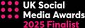 A logo for the UK Social Media Awards 2025 Finalist, featuring white and pink text with a pink dot pattern on a black background.