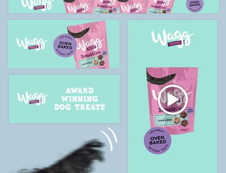 Packaging design for Wagg Sensitive dog treats, featuring a pink bag with purple accents, and a blurred dog paw at the bottom.