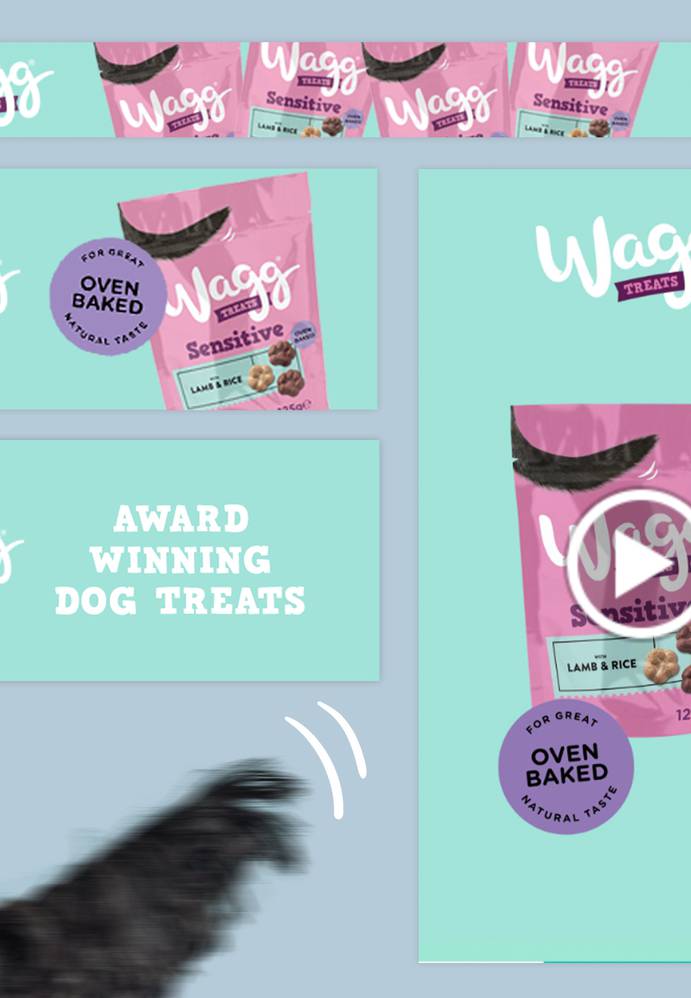 Packaging design for Wagg Sensitive dog treats, featuring a pink bag with purple accents, and a blurred dog paw at the bottom.