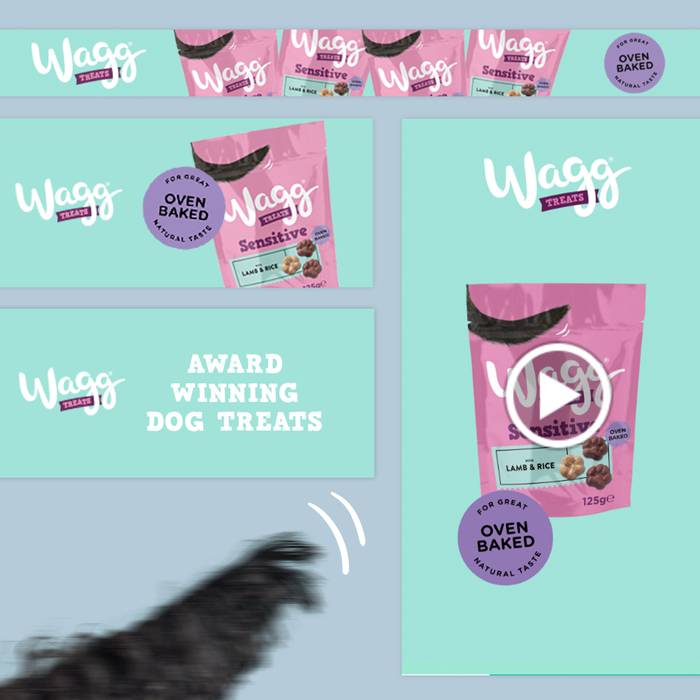 Packaging design for Wagg Sensitive dog treats, featuring a pink bag with purple accents, and a blurred dog paw at the bottom.