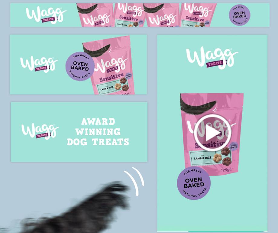Packaging design for Wagg Sensitive dog treats, featuring a pink bag with purple accents, and a blurred dog paw at the bottom.