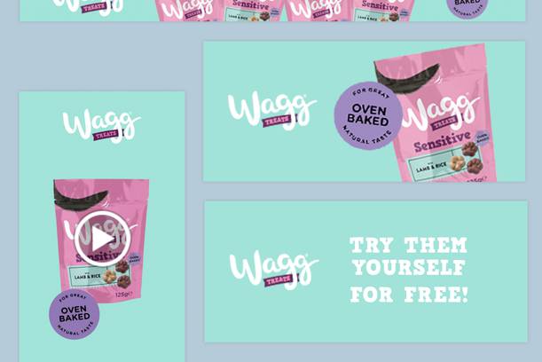 Image featuring Wagg Treats packaging in pink and teal, with promotional text encouraging free samples of lamb and rice flavour for sensitive dogs.