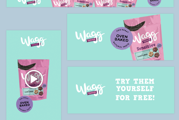 Image featuring Wagg Treats packaging in pink and teal, with promotional text encouraging free samples of lamb and rice flavour for sensitive dogs.