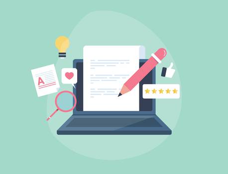 A laptop with a document on screen, surrounded by icons of a lightbulb, magnifying glass, thumbs-up, heart, star ratings, and writing tools.