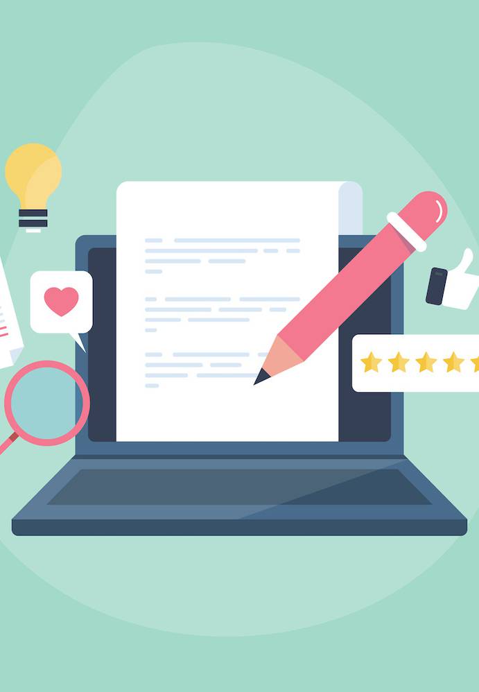A laptop with a document on screen, surrounded by icons of a lightbulb, magnifying glass, thumbs-up, heart, star ratings, and writing tools.
