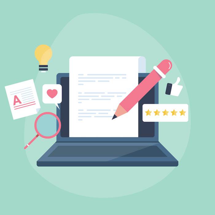 A laptop with a document on screen, surrounded by icons of a lightbulb, magnifying glass, thumbs-up, heart, star ratings, and writing tools.