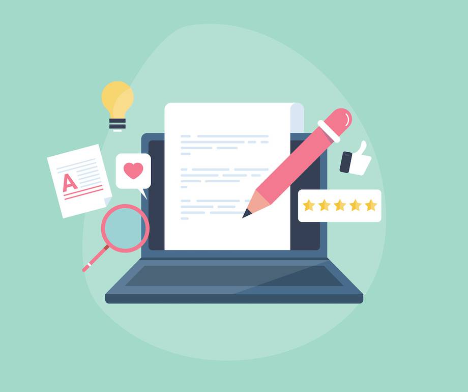 A laptop with a document on screen, surrounded by icons of a lightbulb, magnifying glass, thumbs-up, heart, star ratings, and writing tools.