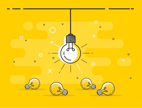 A central hanging light bulb surrounded by four smaller light bulbs on a bright yellow background with abstract shapes and lines.