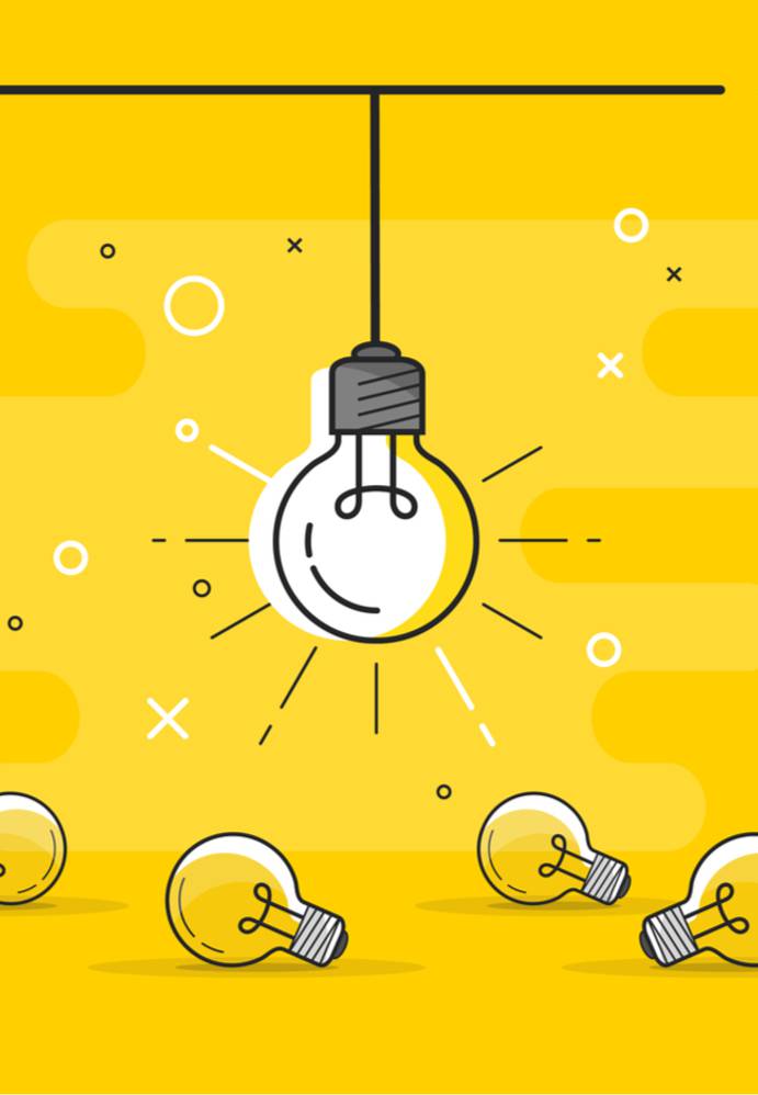 A central hanging light bulb surrounded by four smaller light bulbs on a bright yellow background with abstract shapes and lines.