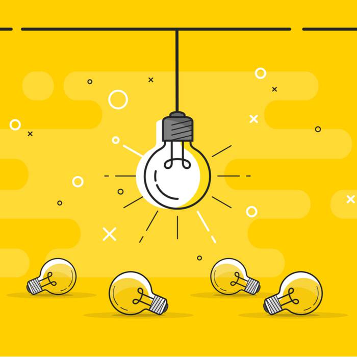 A central hanging light bulb surrounded by four smaller light bulbs on a bright yellow background with abstract shapes and lines.
