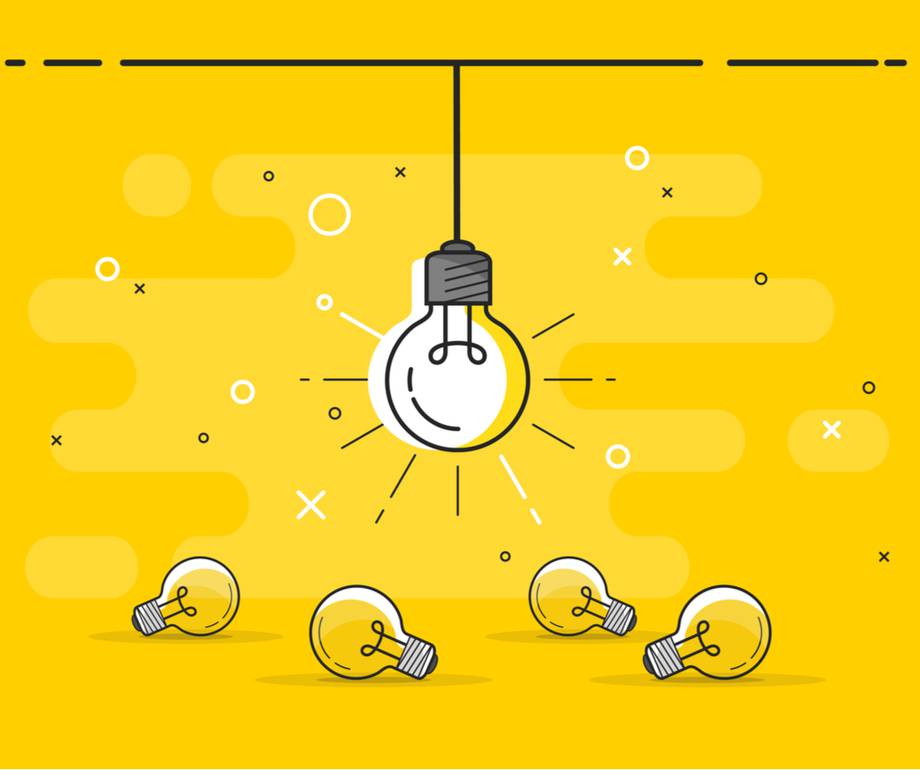 A central hanging light bulb surrounded by four smaller light bulbs on a bright yellow background with abstract shapes and lines.