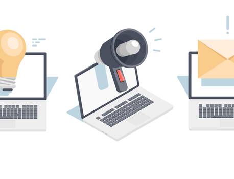 Three laptops with icons: a lightbulb, a megaphone, and an envelope on their screens, representing ideas, communication, and messaging.