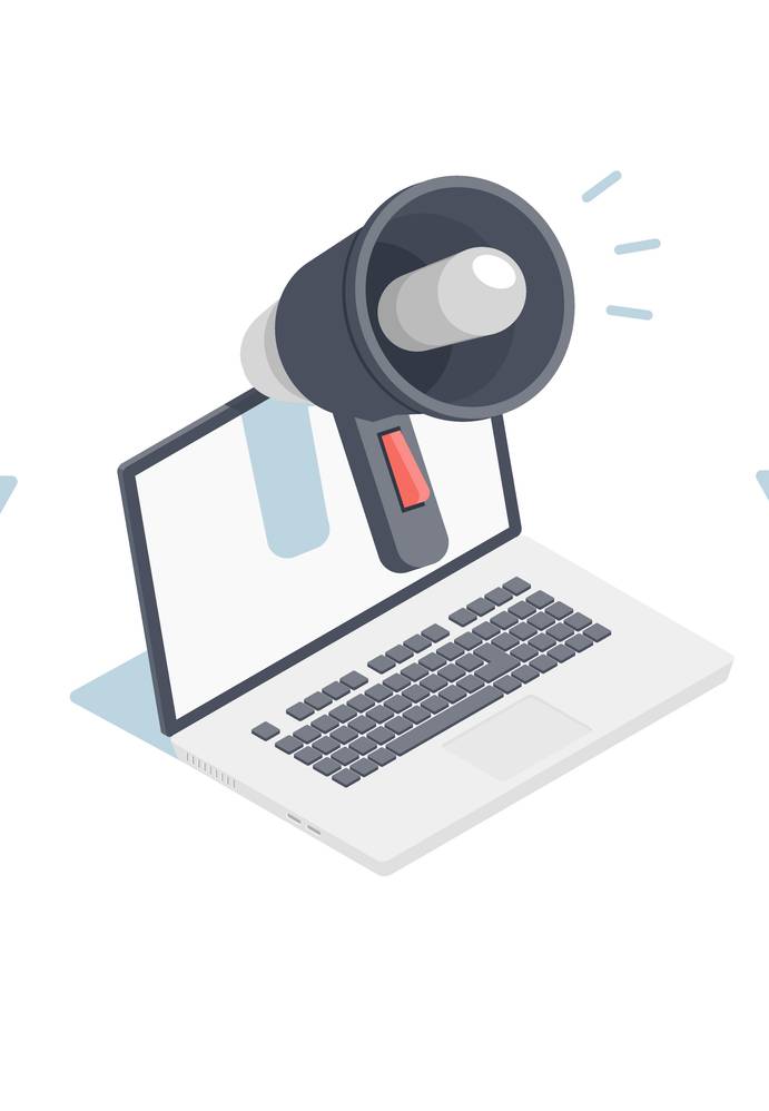 Three laptops with icons: a lightbulb, a megaphone, and an envelope on their screens, representing ideas, communication, and messaging.