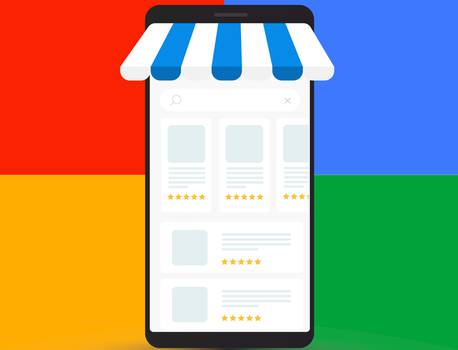 Smartphone displaying an online shopping app with a striped shop front on a colourful background split into red, blue, yellow, and green sections.