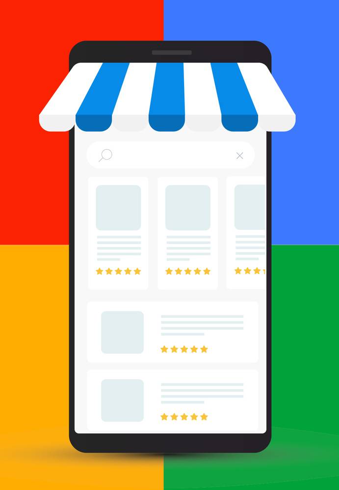 Smartphone displaying an online shopping app with a striped shop front on a colourful background split into red, blue, yellow, and green sections.