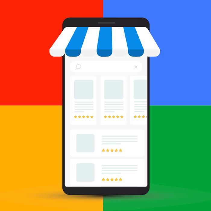 Smartphone displaying an online shopping app with a striped shop front on a colourful background split into red, blue, yellow, and green sections.