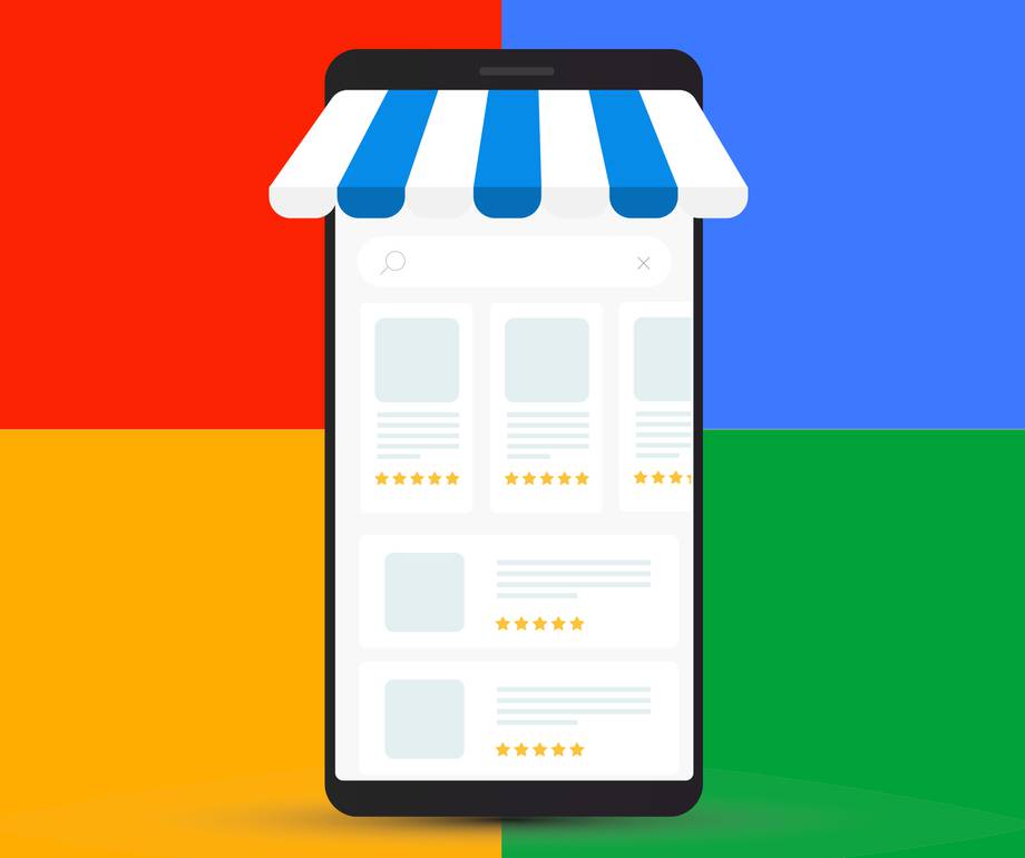 Smartphone displaying an online shopping app with a striped shop front on a colourful background split into red, blue, yellow, and green sections.