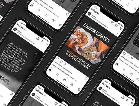 Multiple smartphones displaying Instagram posts about pizza offers, with a black background and a focus on food images and promotional text.