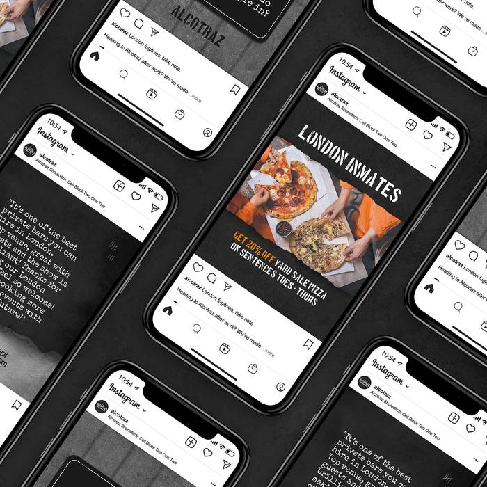 Multiple smartphones displaying Instagram posts about pizza offers, with a black background and a focus on food images and promotional text.