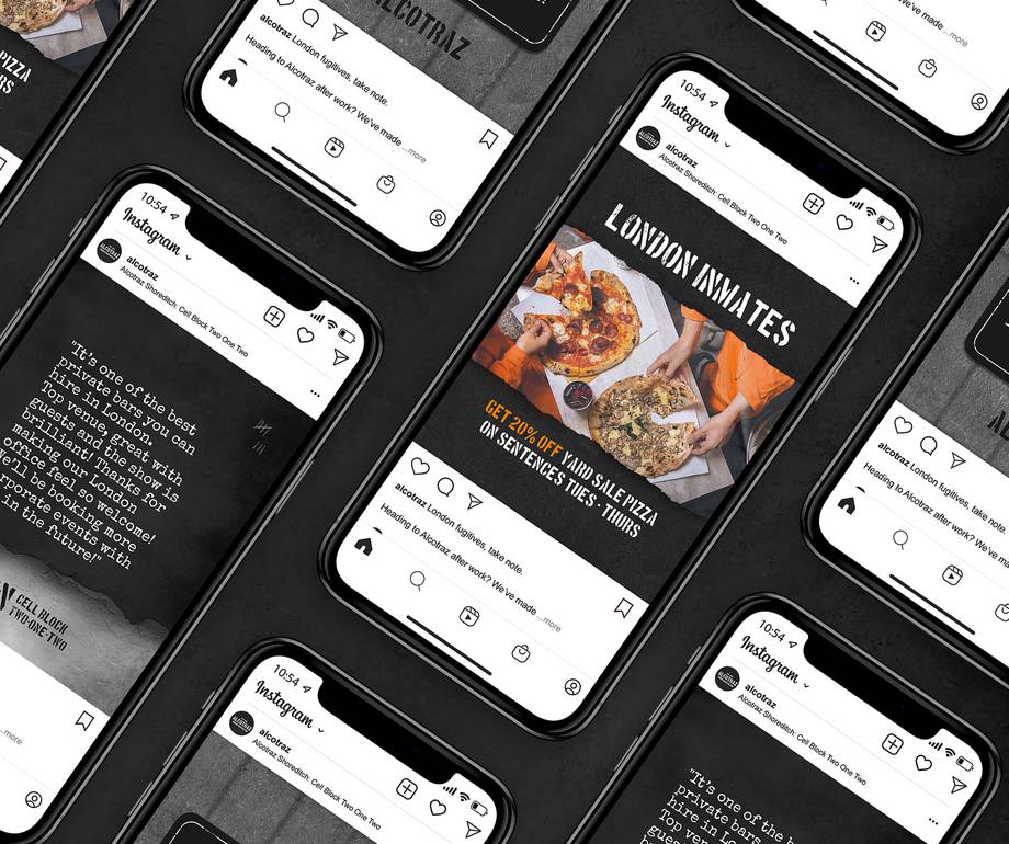 Multiple smartphones displaying Instagram posts about pizza offers, with a black background and a focus on food images and promotional text.