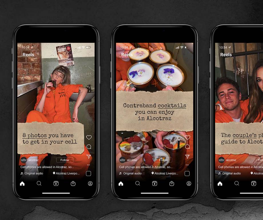 Three smartphones displaying social media reels with people enjoying drinks and sharing cocktail photos, set against a dark textured background.