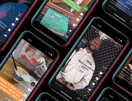 Multiple smartphone screens displaying various TikTok videos, including a security guard, a person with pink nails, a puppy, and a drink on a wooden table.