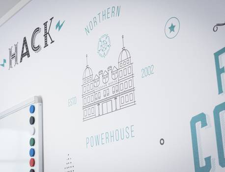 Line drawing of a historic building labeled "Windsor House" with "ESTD 2002," surrounded by decorative icons and text in shades of blue and black on a white background.