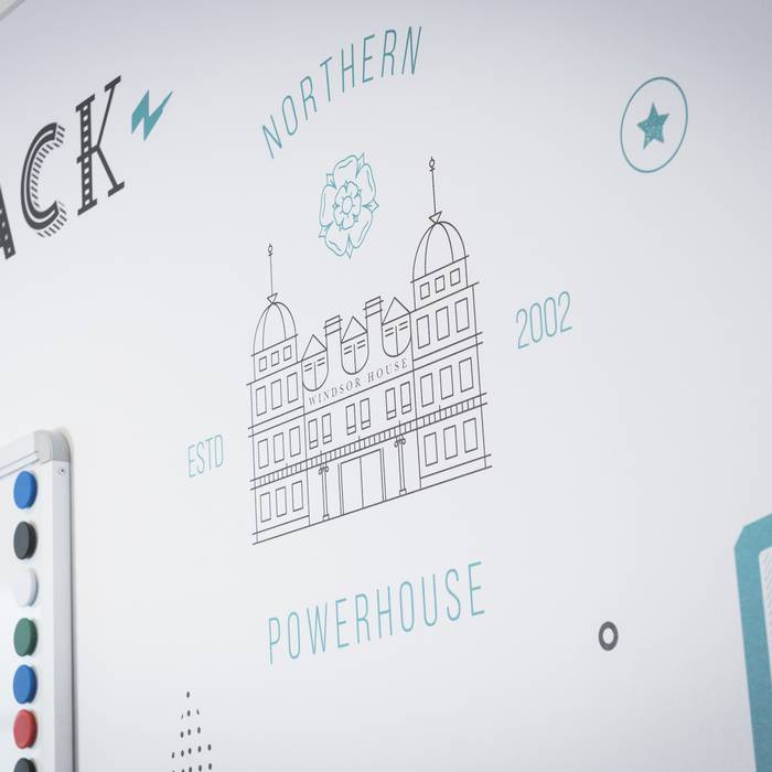 Line drawing of a historic building labeled "Windsor House" with "ESTD 2002," surrounded by decorative icons and text in shades of blue and black on a white background.