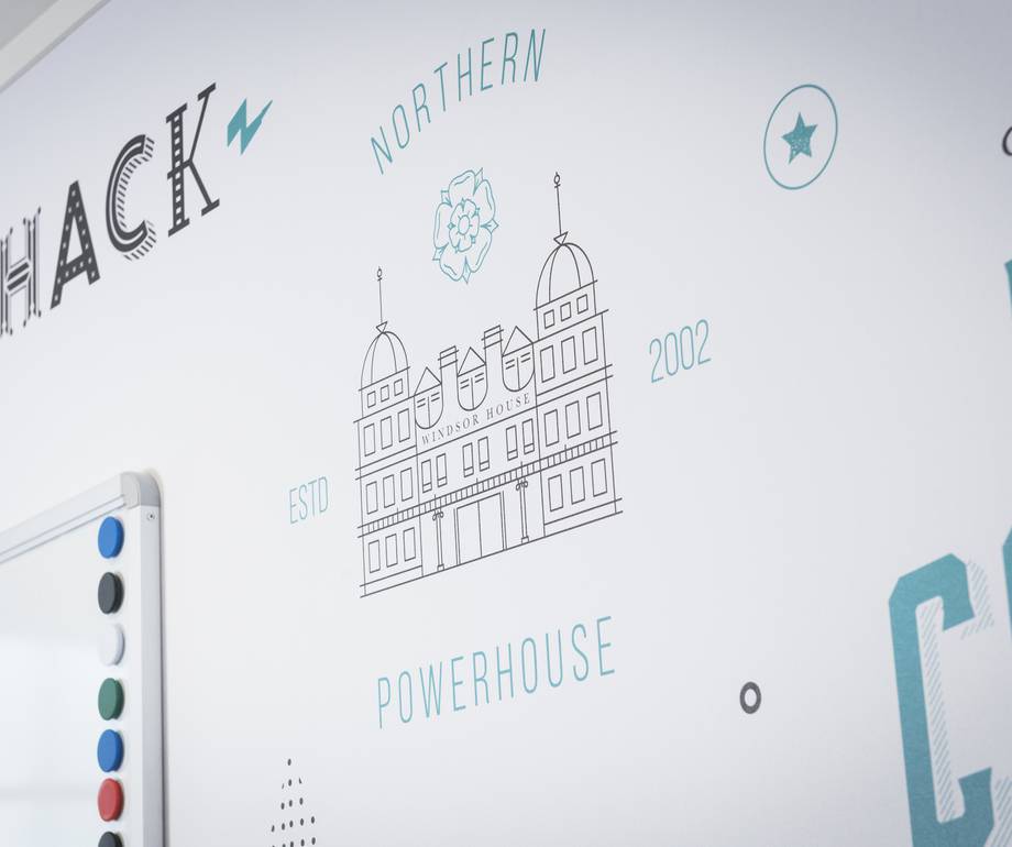 Line drawing of a historic building labeled "Windsor House" with "ESTD 2002," surrounded by decorative icons and text in shades of blue and black on a white background.