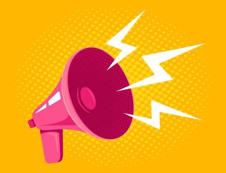 Pink megaphone with lightning bolts on a yellow dotted background.