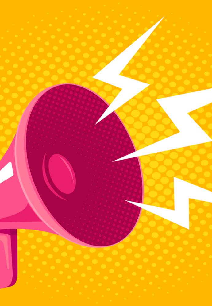 Pink megaphone with lightning bolts on a yellow dotted background.