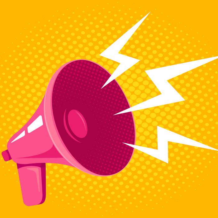 Pink megaphone with lightning bolts on a yellow dotted background.