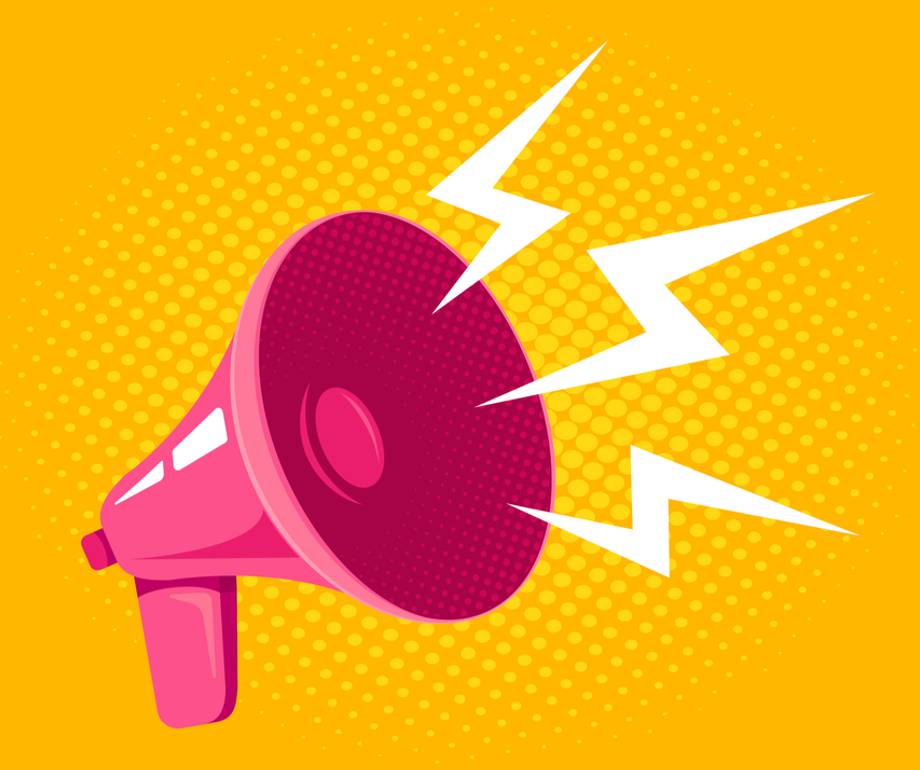 Pink megaphone with lightning bolts on a yellow dotted background.