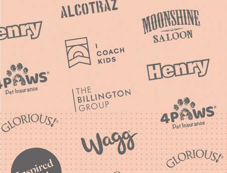 Collection of various brand and organisation logos on a light pink background, including Wagg, 4 Paws Pet Insurance, and Moonshine Saloon.