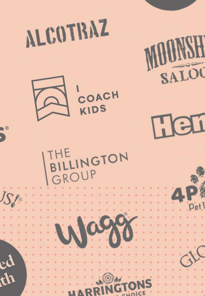 Collection of various brand and organisation logos on a light pink background, including Wagg, 4 Paws Pet Insurance, and Moonshine Saloon.