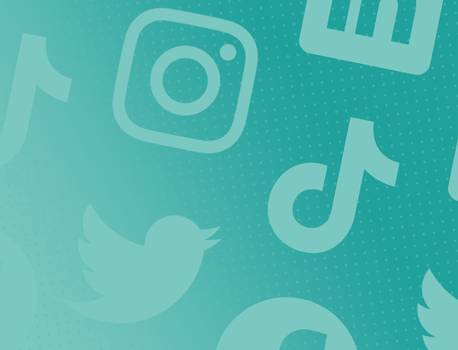Collection of social media icons including Instagram, LinkedIn, TikTok, Twitter, and Facebook on a light blue dotted background.