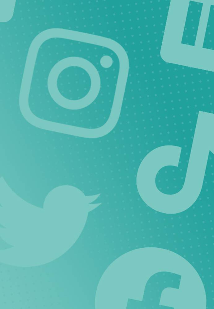 Collection of social media icons including Instagram, LinkedIn, TikTok, Twitter, and Facebook on a light blue dotted background.
